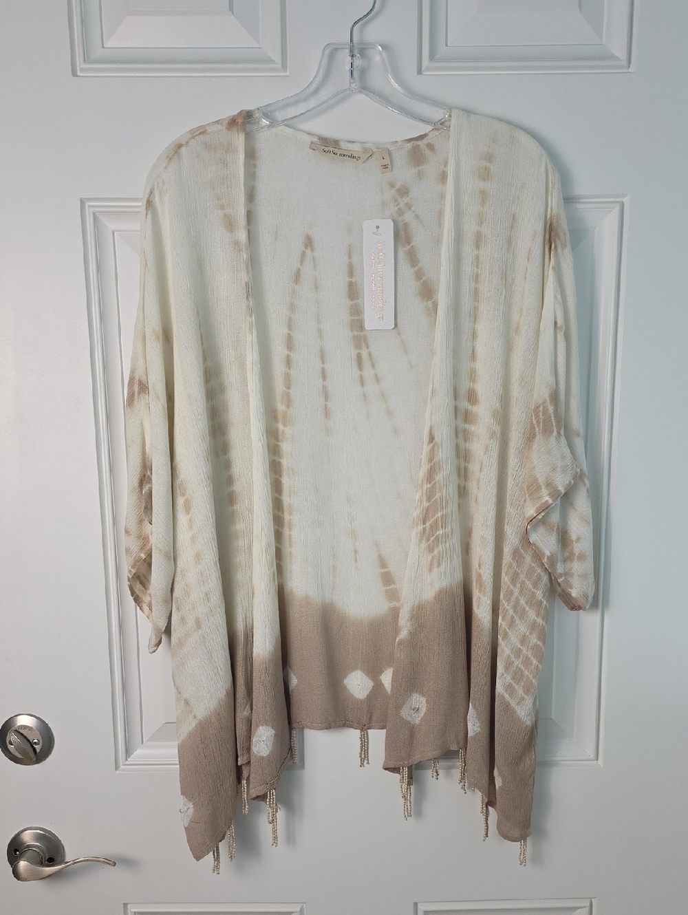 Soft Surroundings Cream & Taupe Kimono with Beaded Accents.  Size Large. NWT